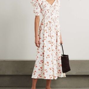 DOEN  ISCHIA Poppy Field Floral Midi Dress with Puff Sleeves